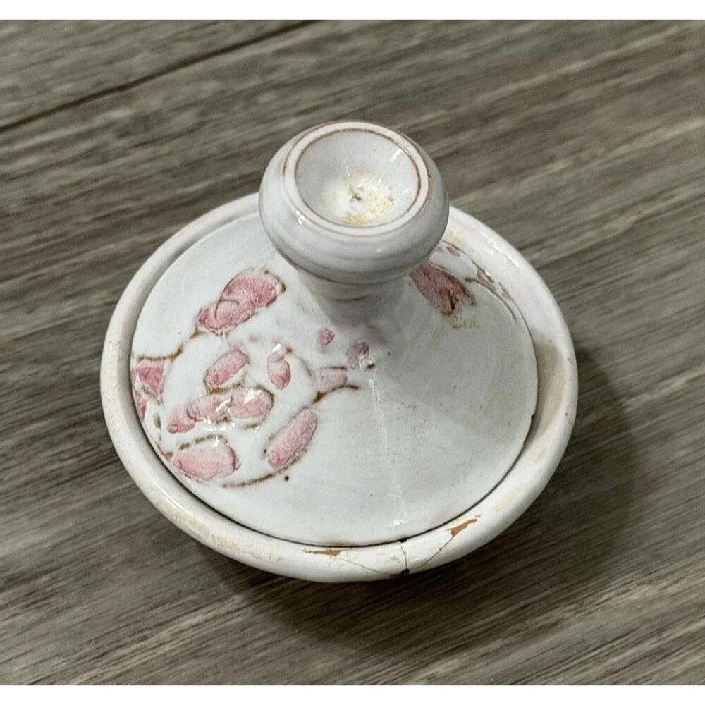 Vintage Small Clay Tagine White W/ Pink Flowers Handmade & Signed BROKEN - READ